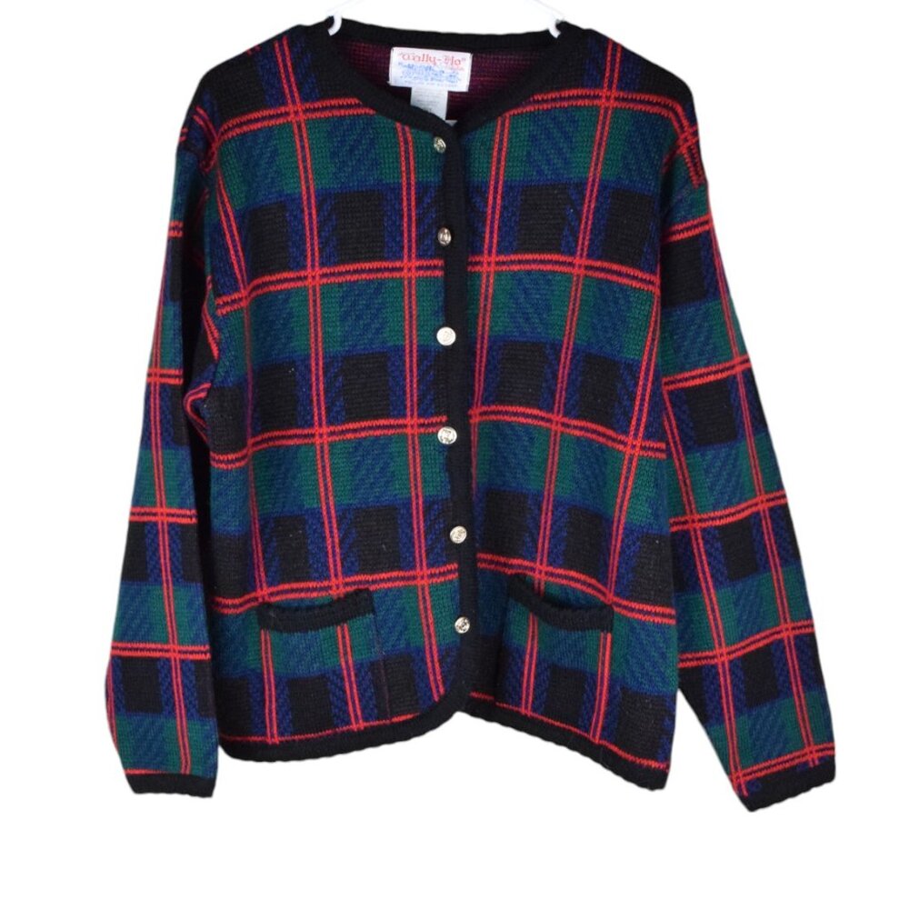Vintage Womens 90's Holiday Plaid Cozy Knit Cardigan Sweater Christmas Winter XL - Picture 2 of 7